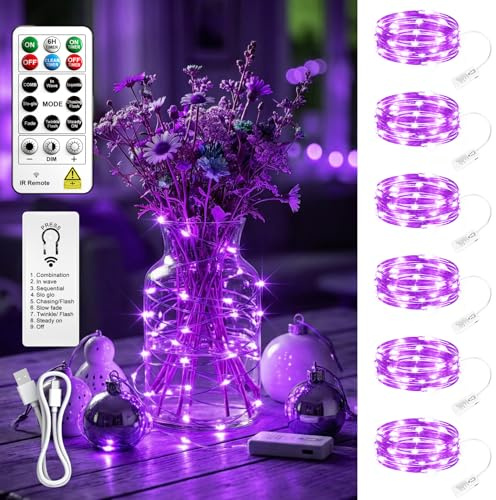 SINAMER 6 Stück Micro LED Lichterkette mit Aufladbarer Batterie,2M 20LEDs | Timer und Fernbedienung, 8 Modi, Dimmbar,Wasserdichter Silberdraht für Innen, Zimmerdeko, Weihnachten, Hochzeit (Lila)