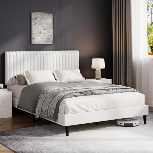 HOMBCK King Bed Frame with Headboard, 150 x 200, White | Upholstered Bed, Velvet, Adjustable Height, Wooden Slat Support, No Box Spring Needed
