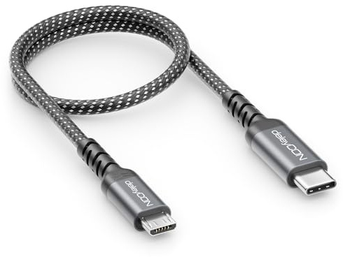 deleyCON 0,30m Cable USB-C a Micro USB Corto (Carga y Datos para Dispositivos Micro USB) - para Mando PS4, Móvil, Smartphone, Tablet, Cámara, etc.