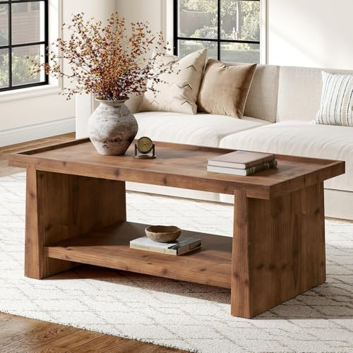 Tribesigns Solid Wood Coffee Table, 47.24 Rustic Farmhouse Coffee Table with Raised Edge & 2-Tier Open Storage, Rectangular Center Table for Living Room, Brown
