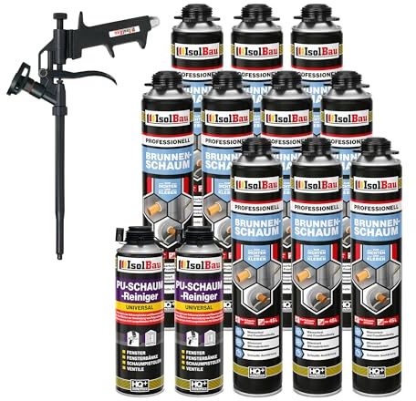 Isolbau - Brunnenschaum 1K Bauschaum Wasserdicht Aussen und Innen - 10 x Montageschaum 750 ml, 2 x PU-Schaum-Reiniger & 1 x Schaumpistole - PU-Schaum - Pistolenschaum Dämmschaum Isolierschaum