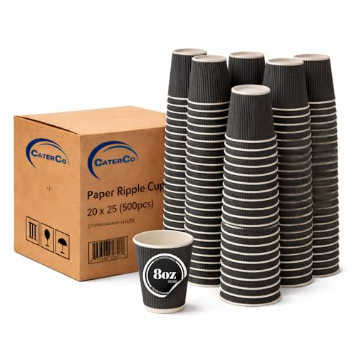 CaterCo 8oz Black Ripple Wall Coffee Cups - 500 Pack Triple Insulated Cups for Hot Drinks, Tea - Recyclable, Black Paper Cups for Cafes, Takeaway, Office, Events - 8oz / 237ml - 500 Pack