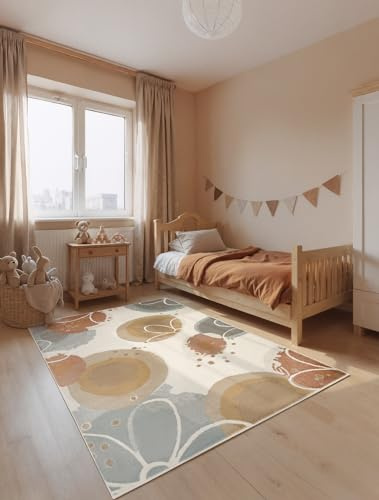 Hanse Home Adventures Kinderteppich Marigold - Kinderzimmerteppich Blumen, Flower Power, Kurzflor Bunt, Junge, Mädchen, Teppich Kinderzimmer, Wohnzimmer - Creme Multifarben, 160x235 cm