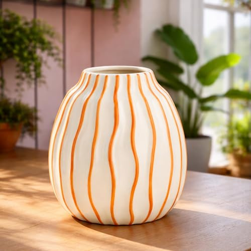 matches21 HOME & HOBBY Keramik-Vase Orange-Weiß gestreift als Frühlingsdeko - Moderne Bunte Dekovase 18 cm für Wohnzimmer