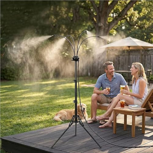 Système de brumisation extérieur réglable, brumisateur sur pied pour terrasse et jardin, pulvérisateur refroidissant portable avec 4 buses réglables (Noir)