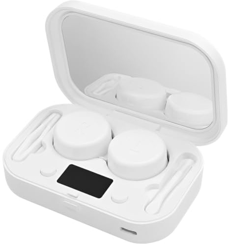 Portable Ultrasonic Contact Len Cleaner, Automatic Contact Lens Cleaner for Protein Removal, Travel Multifunctional Storage Case with Mirror, Tweezers and Suction Rod, Daily Lens Care, White