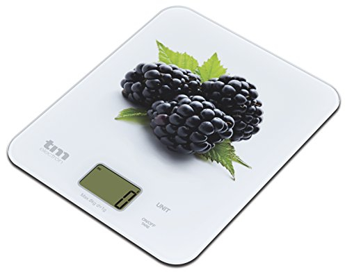 TM Electron TMPBS023 Báscula Digital de Cocina Ultra Delgada con diseño de moras, Pantalla LCD de 18 mm, Cristal, Blanco, Hasta 8 Kg