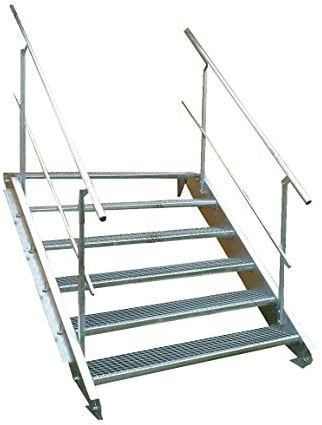 Srm-Design 6 Stufen Stahltreppe mit beidseitigem Geländer/Breite 80 cm, Geschosshöhe 90-120 cm / Robuste Außentreppe/Wangentreppe/Stabile Industrietreppe für den Außenbereich/Inklusive Zubehör