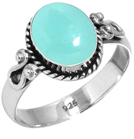 Jeweloporium 925 Sterling Silber Ringe für Frauen Größe 61(19.4) Aqua Chalcedon Edelstein Jahrgang Silber Ringe Weihnachten - Geschenk Solitär Schmuck