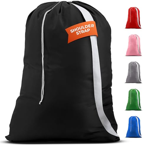Handy Laundry Bag Shoulder Strap Extra Large - Drawstring Locking Closure, Durable Material, Heavy Duty Stitching, Hands Free Carrying - Perfect College Dorm (Black, 30 x 40)