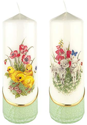 Meissner-Handel Auswahl * 2 Stück Osterkerze Stumpenkerze Osterdeko * 6 x 18 cm * mit farbigen Wachs- und Bildauflagen * Auswahl Motiv + Farbe * grün * (Serie 3 - Set 09/10)