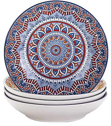 vancasso serie Mandala Juego de 4 Platos Hondos Platos para Sopa/Ramen Ensalada, 700ML Pintado a mano 4 Colores Porcelana