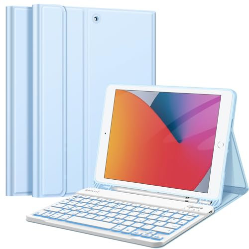 FINTIE Tastatur Hülle für iPad 9 8 7 Generation (2021/2020/2019) 10.2 Zoll, 7-farbig beleuchtete abnehmbare Tastatur mit Schutzhülle, QWERTZ Layout, Himmelblau