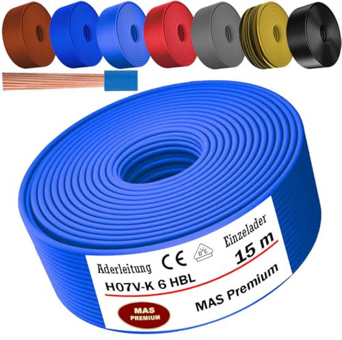 MAS Premium Câble conducteur H07 V-K 6 mm² de 5 à 100 m - Noir, marron, bleu foncé, jaune vert, gris, rouge ou bleu clair (bleu clair, 15 m)