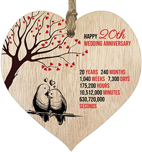 20th Wedding Anniversary Wooden Heart Plaque, Light Wood Sign Keepsake, Celebrate China Anniversary Wife Husband Boyfriend Girlfriend, Plaque with Quotes Gifts from the Kids