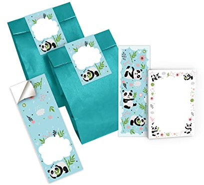 Junapack 12 Lesezeichen + 12 Mini-Notizblöcke + 12 Geschenktüten (Petrol) + 12 Aufkleber Panda Mitgebsel Gastgeschenk beim Kindergeburtstag Mädchen Jungen