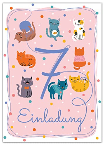 Junapack 12 Einladungskarten zum 7. Kindergeburtstag siebte Geburtstag Mädchen Jungen Katzen Katze