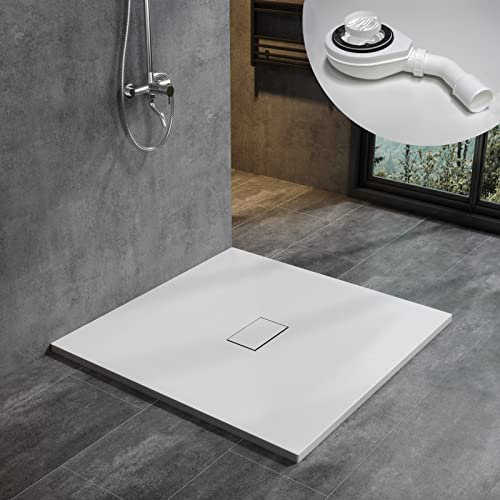 WITEN&NOCK Duschwanne 100x100 cm SMC Brausewanne Weiß Steinoptik Antirutsch Duschtasse Höhe 3,2 cm Niedrige Schwelle Extraflach Brausetasse und Ablaufgarnitur Ø 90 mm