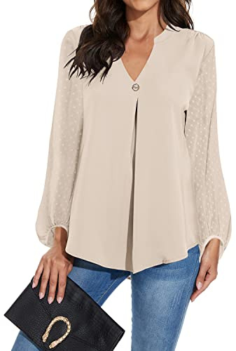 Magritta Women V Neck Long Sleeve Shirts Casual Tunic Tops Pleated Blouse | Chiffon Blouses for Women, Work Office Tunic Tops, Oversized Shirts, Fall Winter Clothes