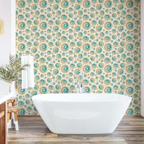 Ambesonne Geometric Circle Peel & Stick Wallpaper for Home, Trippy Paint Brush Rotary Spiral Circle Pattern Blurry Tiles Picture, Self-Adhesive Living Room Kitchen Accent, 33 cm x 180 cm, Teal Orange