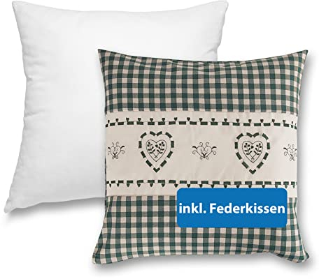 wometo Kissenbezug Kissenhülle 40x40 Herz grün mit Federkissen Füllung OekoTex - Reißverschluss Landhaus-Stil Dekokissen Zierkissen Sofakissen Stick kariert Heller Hintergrund