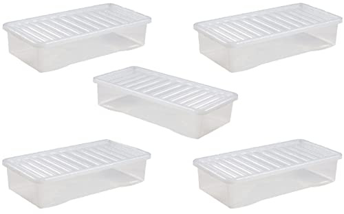 VTL® 43 Litre Underbed Clear Plastic Storage Boxes With Clear Lids Home Office Stackable Strong Quality - Set Of 5