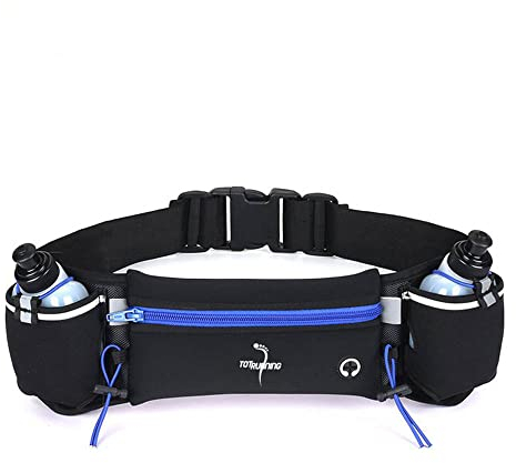 Ceinture de course réglable avec sac à fermeture éclair, 2 bouteilles d'hydratation, 2 élastiques à usage multiple et porte-gobelet (noir-bleu)