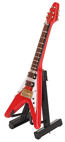 Mini-E-Gitarre, V-Form Lebendiges, Exquisites Mini-Gitarrenmodell aus Holz mit Ständer und Aufbewahrungskoffer, Rot