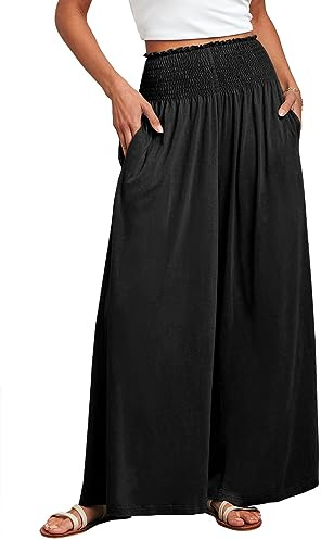 ANRABESS Women Palazzo Pants Summer Boho Bagyy Wide Leg High Smocked Waist Casual Loose Lounge Pant with Pocket Black Medium