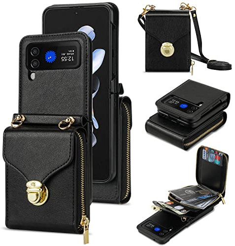 UDBKKDX Brieftasche Handyhülle für Samsung Galaxy Z Flip 5, Schnalle Frauen Mattes Leder hülle mit Betrachtungsständer Kamera-Objektivschutz case Cover
