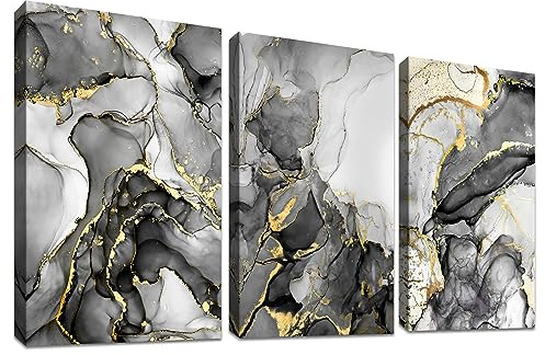 3 Pcs Cadre en Bois Impression sur Toile Marbre Gris Or Blanc Tableau Affiche Decoration Murale Abstrait Image sur Toile Peinture Tableau Decoration Murale Salon Chambre Maison Bureau 30x40cm x 3pcs