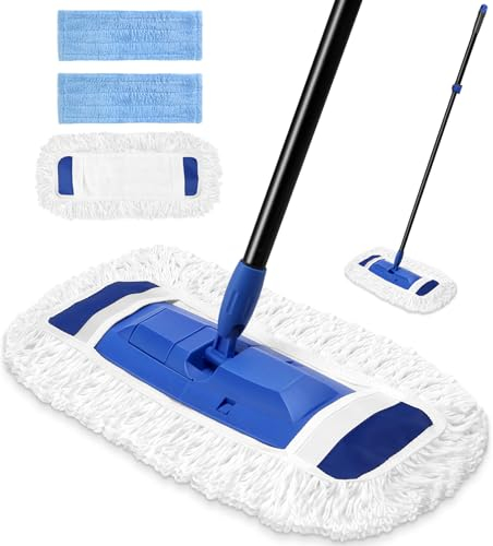 VOUBIEN Dust Mop for Floor Cleaning with Washable Mop Pads, Long Handle Commercial Floor Wet Dry Mop for Hardwood Floor,Marble, Laminate Mopping, Blue