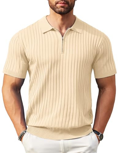 Coofandy Herren-Poloshirt mit Reißverschluss, kurzärmelig, gerippt, modisch, lässig, Golf-Shirts, Hellkhaki, Mittel