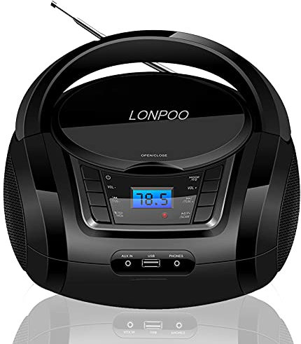 LONPOO Lettore CD Portatile Boombox Bluetooth/Radio FM/USB 2.0 / AUX-IN/Uscita cuffie/Stereo Altoparlante /5 EQ (LP-D03B)