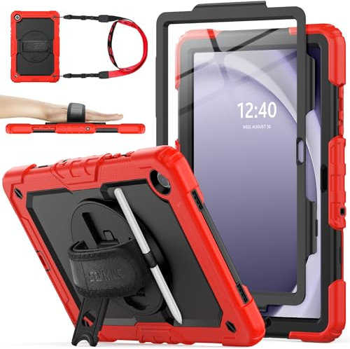 SEYMAC stock Custodia per Samsung Galaxy Tab A9 Plus 11'' 2023 SM-X210/X216/X218, Custodia Antiurto Tab A9+ Plus con Proteggi Schermo/Porta Penna/Cinturino da Polso Girevole 360 e Supporto, Rosso