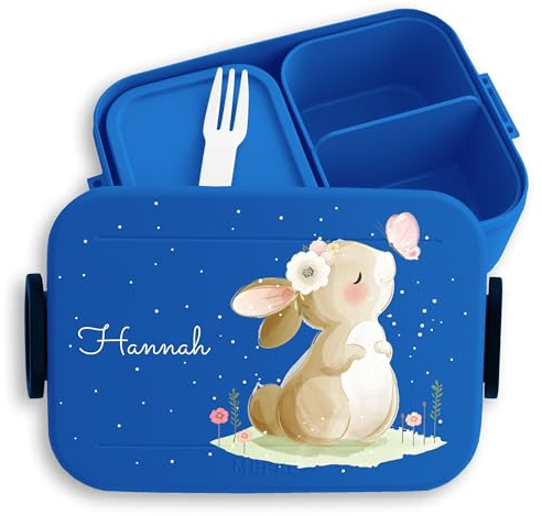 Kinder Bento Box Midi Lunchbox für Mepal Bentobox - Hasen - Brotdose Süßer Hase personalisiert I Langohr I Kaninchen I Rabbit I Süße Tiere - 900 ml - Blau - butterbrotdose mädchen