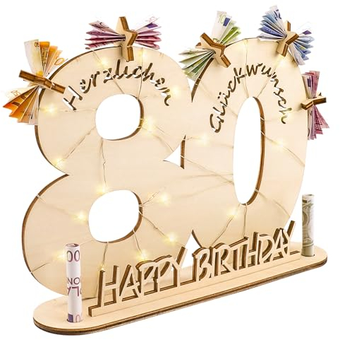 ENLACE 80 Geburtstag Deko,Geschenke zum 80 Geburtstag Mann Frau,Holzschild Gästebuch 80 Geburtstag Geschenk mit LED Lichterketten,Geldgeschenke 80 Geburtstag,Deko Zahlen 80 Jahre für Tischdeko