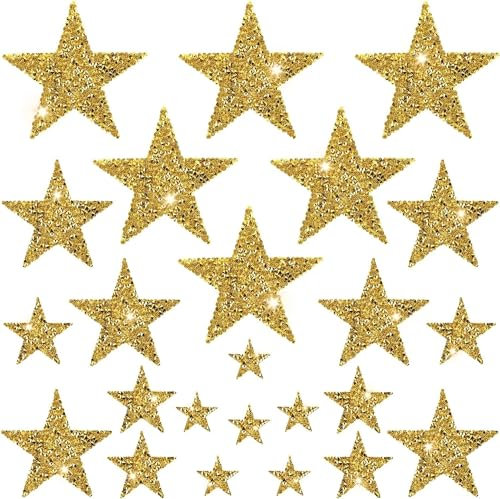 24 Pcs Gold Star Patches, Glitter Star Iron on Patches, Adhesive Applique Hot Glue Rhinestone Stars for Clothing Jeans Bags Hats Repair Decoration (4 Size)