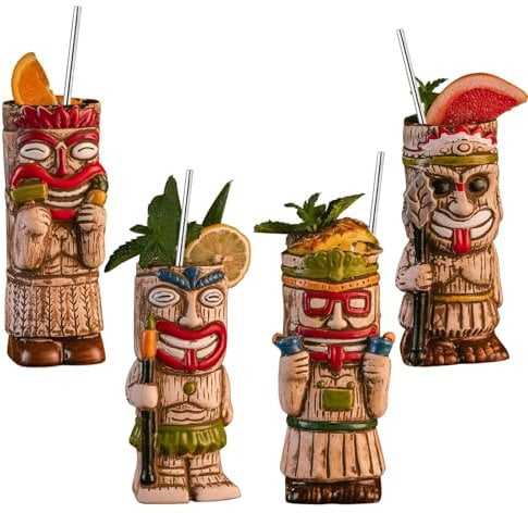 Vinbcorw Lot de 4 Tasses à Cocktail Tiki – Tasse givrée Exotique avec 4 pailles, Tiki Party Creative Cocktail Glass Drinks Bar Drinkware Premium Tropical Exotic Cute Barware,A1