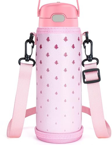 Linkidea Slim Water Bottle Carrier with Strap Compatible with THERMOS FUNTAINER Steel 16oz, Ion8 Sport OneTouch 2.0 500ml, Hard Base Waterbottle Sling Bag Holder Keeps Bottle Upright, Pink
