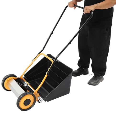 Handrasenmäher Rasenmäher auf Rädern, 2-in-1-Hand-Spindel-Rasenmäher mit 14 Zoll Schnittbreite für kleine Gärten, 12-42mm Schnitthöhenverstellung