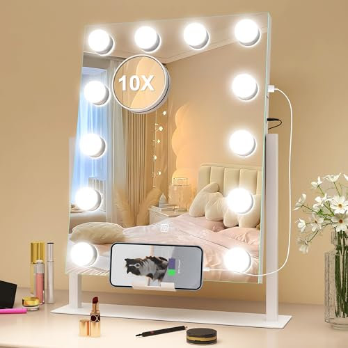 S'bagno Hollywood-Spiegel-mit-Beleuchtung, 40x30cm Spiegel-Schminktisch mit 10x Vergrößerung, USB- und Handyhalterung, 360° Drehbar, 12 LED-Lampen, 3 Farben, Dimmbar, Speicherfunktion, Weiß