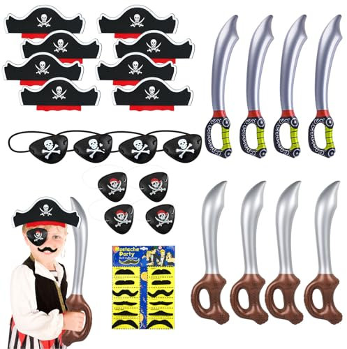 Mocrop 36 PCS Decorazione pirati dei caraibi per Bambini Set Pirata Compleanno per Bambini Decorazione Pirati dei Caraibi Gadget Sull'occhio Baffi Regali Halloween Bambini Set Ragazza Costume Festa
