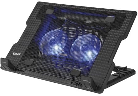 iggual – Tragbare Laptop-Kühlbasis bis 17 mit 2 leisen Lüftern und Handyhalterung, Höhenverstellbar mit 4 Stufen und Blauer LED-Beleuchtung, inkl. USB-A-Kabel (RP2V17A)