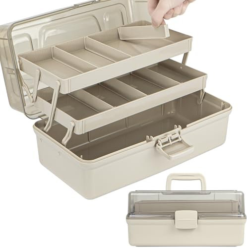 Creahaus 12.5in 3 Layer Multipurpose Storage Box/Craft Storage Boxes With Compartments/Plastic Tool Box/Medicine Storage Box/Hair Accessories Organiser/Sewing Box with 2 Trays