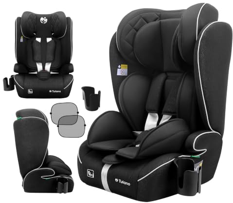 Tulano Zooma 25 Kindersitz 15-36 kg, Autositz für Kinder 76-150 cm, Schwarz | ohne ISOFIX - ergonomisch mit verstellbarem - Kopfteil und waschbarem Bezug - komfortable Polsterung für sicheres Reisen