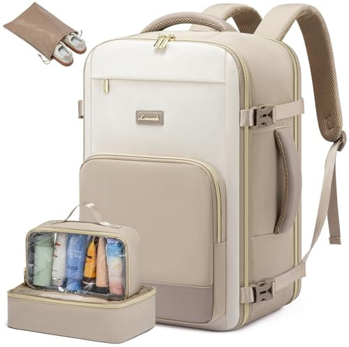 LOVEVOOK Handgepäck Rucksack, 17.3 Zoll Rucksack Handgepäck Flugzeug, Groß Reiserucksack Damen Spritzwasserfest, 40L Travel Backpack, Reise und Business, Urlaub Must Haves - Khaki Beige