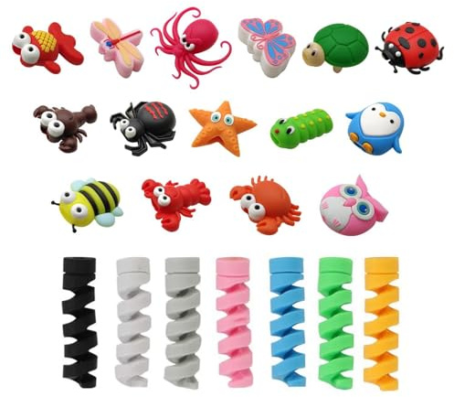 HINFHI 15-Piece Cartoon Animal Data Cable Cover And 7-Piece Wire Winder, Data Cable Accessories, Creative And Interesting Data Cable Cover.