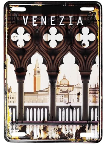 KUSTOM ART Retro Blechschild Relief Venedig Terrasse mit venezianischen Säulen Blick K Großes Kunstdesign Vintage mit Löchern und Magneten 25 x 18 cm