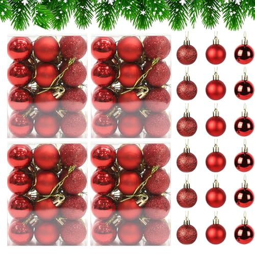 96 Weihnachtskugeln klein in Rot 3cm Christbaumschmuck Weihnachtsschmuck Mini-Weihnachtskugeln Christbaumkugeln aus Kunststoff bruchsicher Splitterfrei 3stile und in Tollen Farben